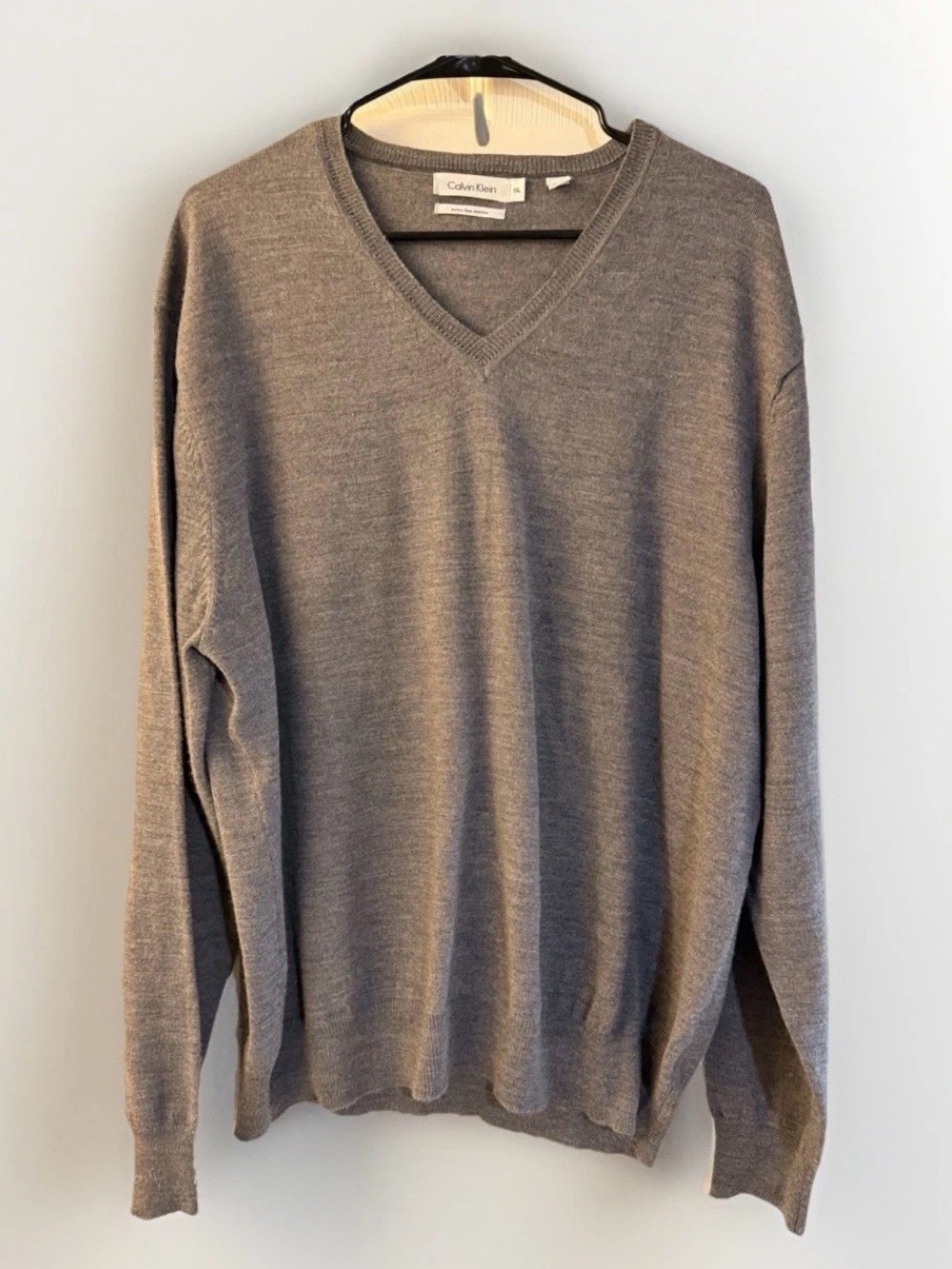 Calvin Klein Men Gray Merino Wool V-Neck Pullover Sweater Fine Knit Luxury XXL
